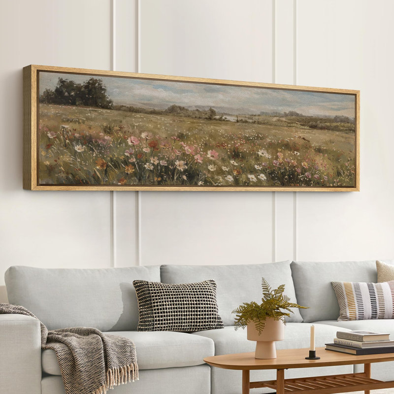 Countryside Wildflowers Landscape Rustic French Artwork - Extra Large Framed Wall Art Canvas Print, 20" H x 60" W, Natural