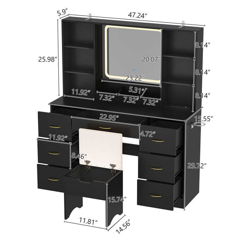47"  Vanity Desk with LED Lighted Mirror,Drawers & Cabinets, Makeup Table with Power Outlet,  Adjustable Lighting Modes