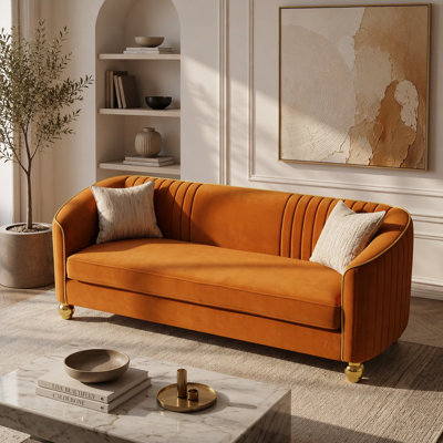 Canapé moderne en velours orange, canapé 3 places capitonné avec pieds en métal doré, canapé d'appoint luxueux pour salon, canapé confortable pour appartement avec coussin d'assise amovible