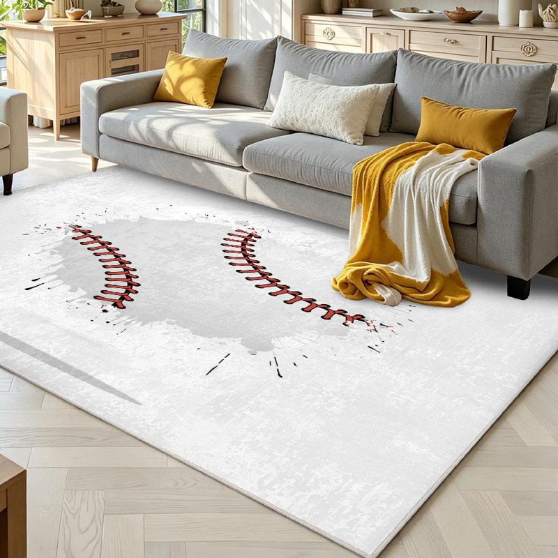 White Abstract Baseball Ball Grunge Style Banner Black Color Game Machine Washable Indoor Area Rug, Rectangle 71" x 98"