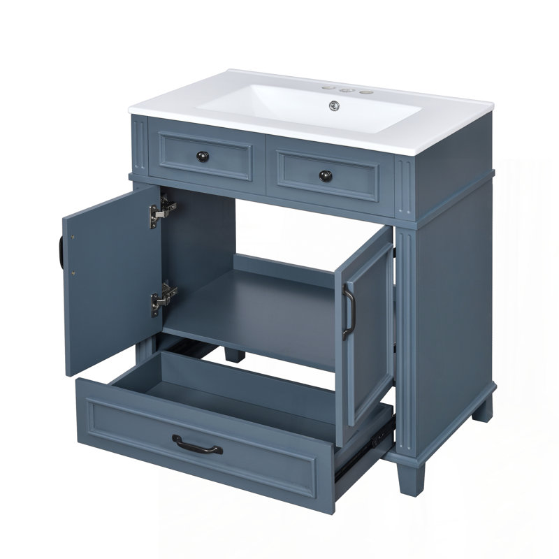 30'' Bathroom Vanity with Ceramic Sink,Solid Wood Frame Bathroom Storage Cabinet with Soft Closing Doors,Retro Style, Blue
