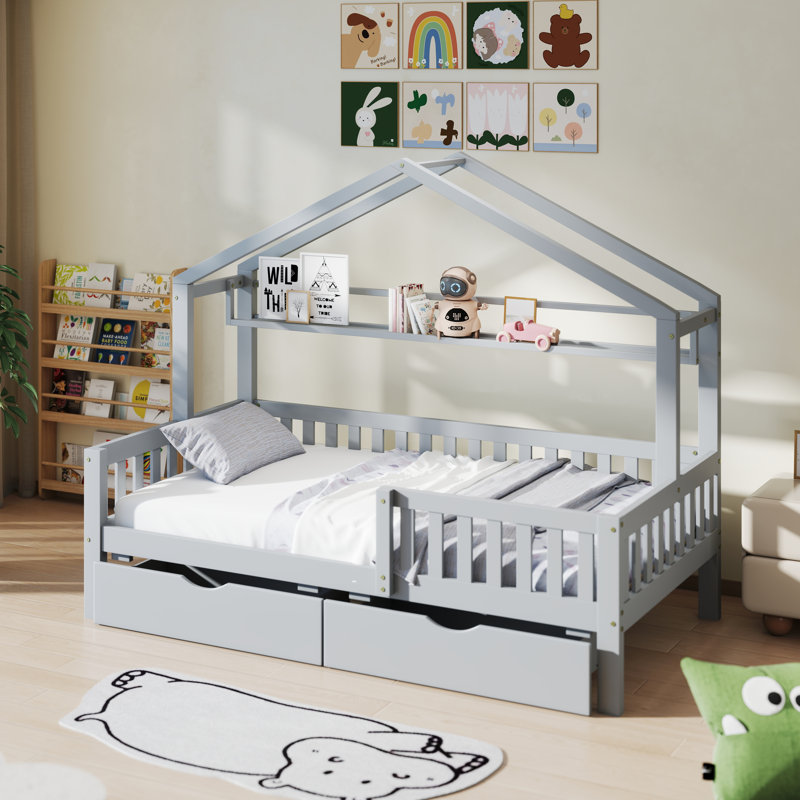 Cadre de lit double pour enfants avec tiroirs de rangement et garde-corps latéraux, Grey, Lit double