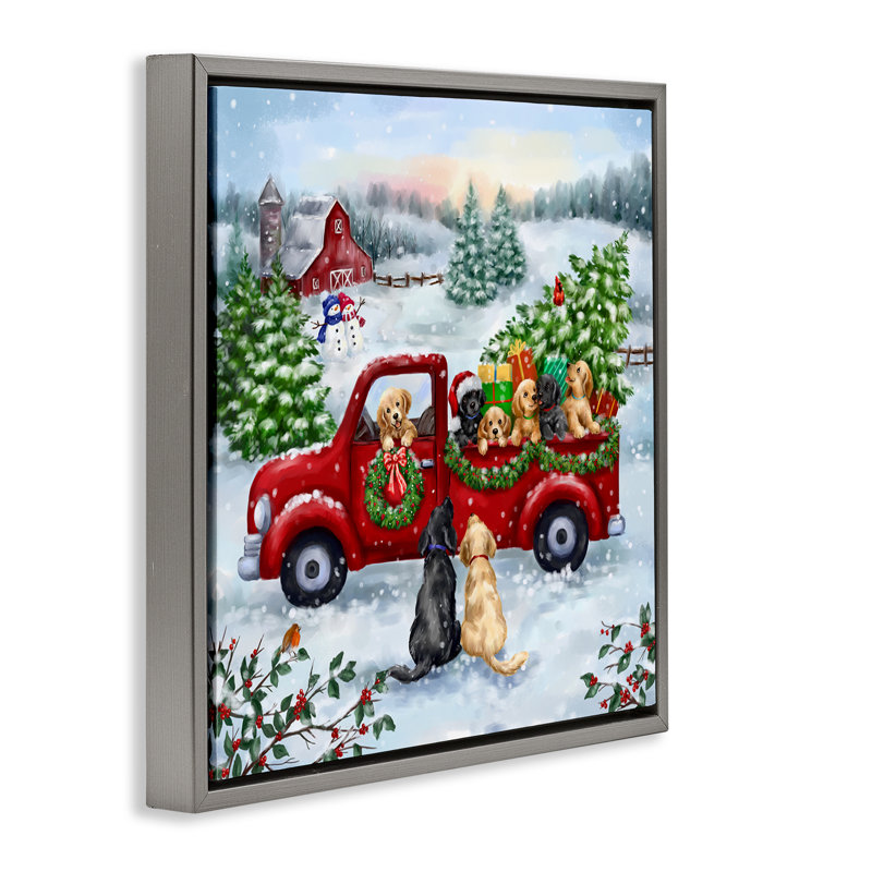 Art mural en toile «Holiday Truck & Tree» par Jean François, H 25 po x l 25 po, Cadre flottant gris lustré