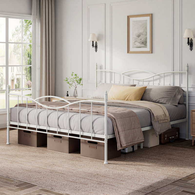 Bed Frame With Headboard,metal Platform Bed Frame Mattress Foundation With Footboard, White, KIng