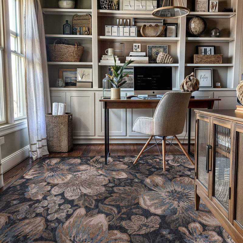 Tapis de sol Botanical Bloom bleu côtier, lavable à la machine, en polyester avec dos antidérapant, Bleu, 5' x 7'