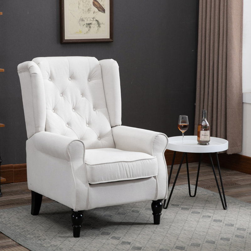 Fauteuil d'appoint à dossier haut capitonné crème blanc avec pieds en bois d'eucalyptus, Blanc