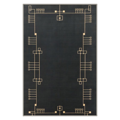 Andrew Art Deco Geometric Border Machine Washable Black 3' x 5' Doormat with Non-Slip Backing