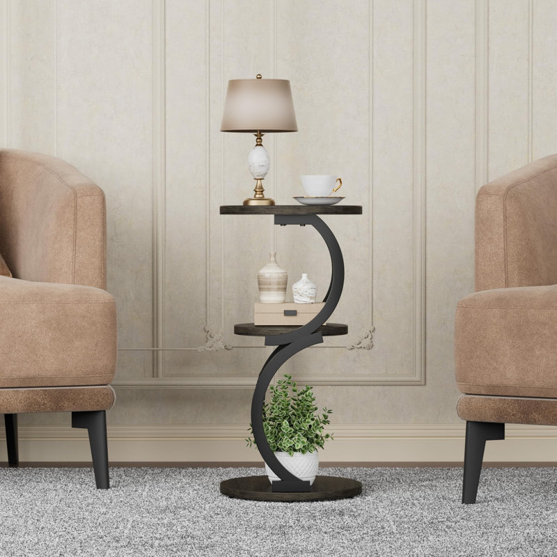 Table d'appoint ronde à 3 niveaux en forme de S, table d'angle en bois et en métal pour petits espaces, Noir