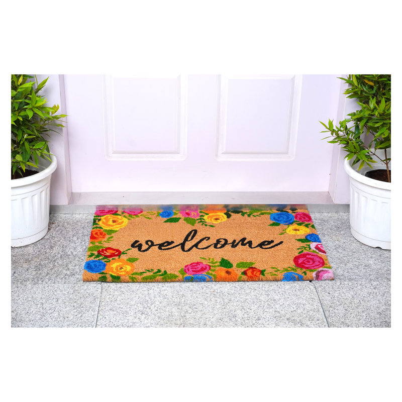 Colorful Floral Coir Welcome Doormat with Vinyl Backing