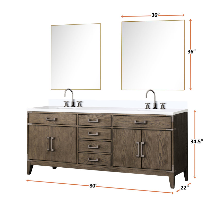 80 po L x P 22 po. Meuble-lavabo double en chêne gris avec comptoir en quartz blanc, robinet et 36 miroirs
