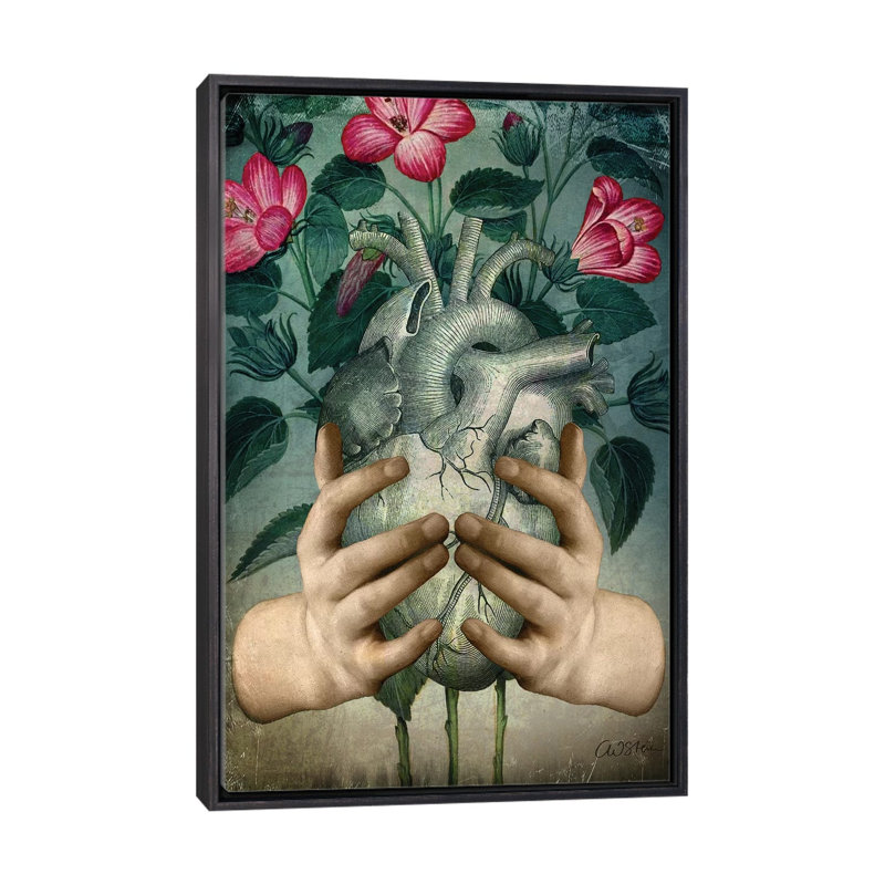 «A Green Heart» par Catrin Welz-Stein - impression d'art graphique, H 26 po x l 18 po x 1,5 po, Toile avec cadre noir patiné