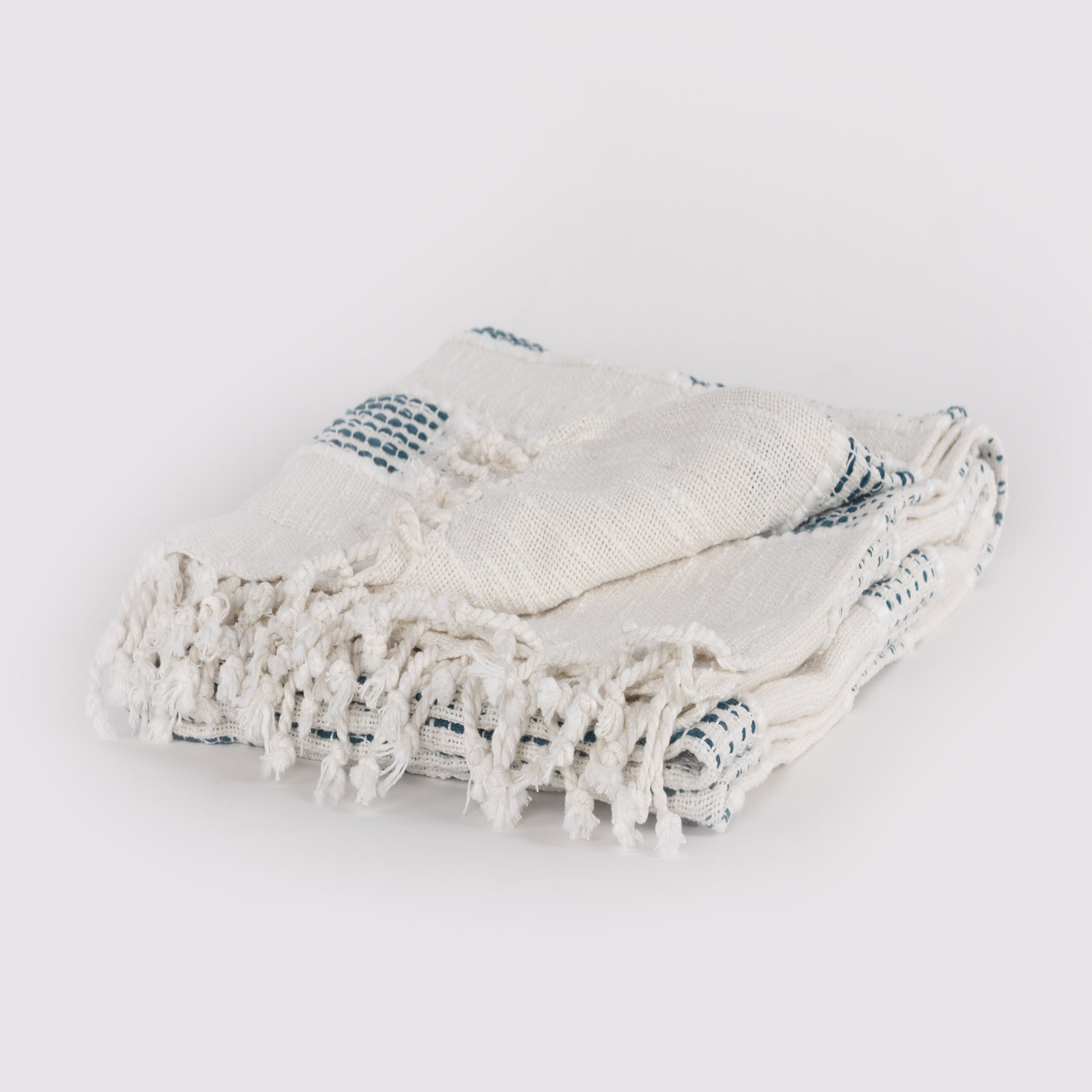 Alora Cotton Hand Woven Throw Blanket, Teal/Natural