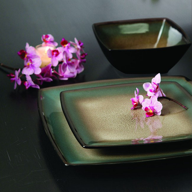 Tequesta Taupe and Teal 16-Piece Square Ceramic Dinnerware Set