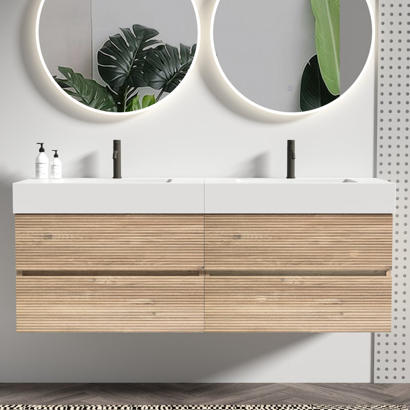 Meuble-lavabo mural flottant 60 po avec lavabo à quartz blanc, tiroirs en chêne brut, épissure en noyer, poignée cachée, système silencieux, meuble-lavabo laqué à base d'eau E0, double grille noire unique