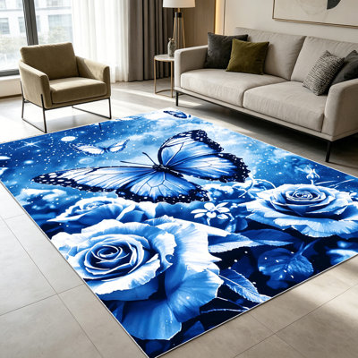 Tapis d'intérieur à imprimé floral 1 papillon bleu et rose à motif floral pour salon, doux, toutes saisons, facile à entretenir et lavable, convient à la table de salle à manger, à la chambre à coucher, au vestibule, au patio, au balcon, à la cuisine, à la maison ou à l'extérieur.