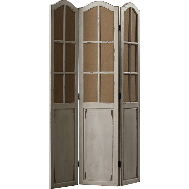 Bigham Beige Wood Hinged Foldable Partition 3 Panel Room Divider Screen w/ Burlap Window Pane Design