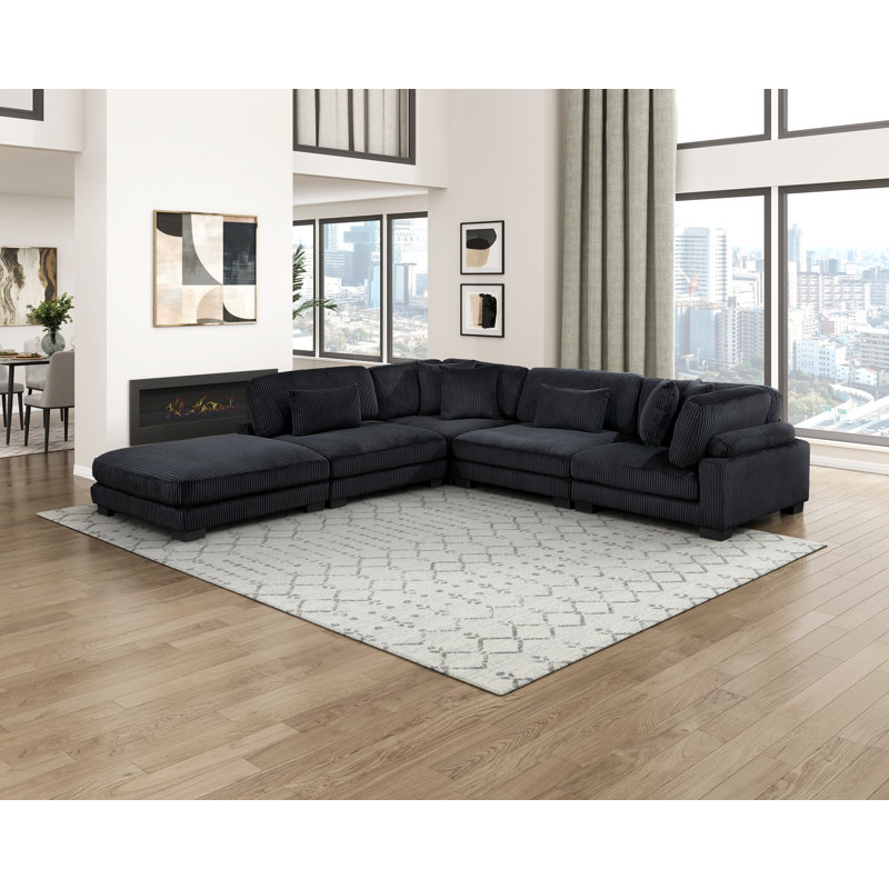 Canapé modulaire avec repose-pieds 5 pièces Olsen, Velours côtelé noir