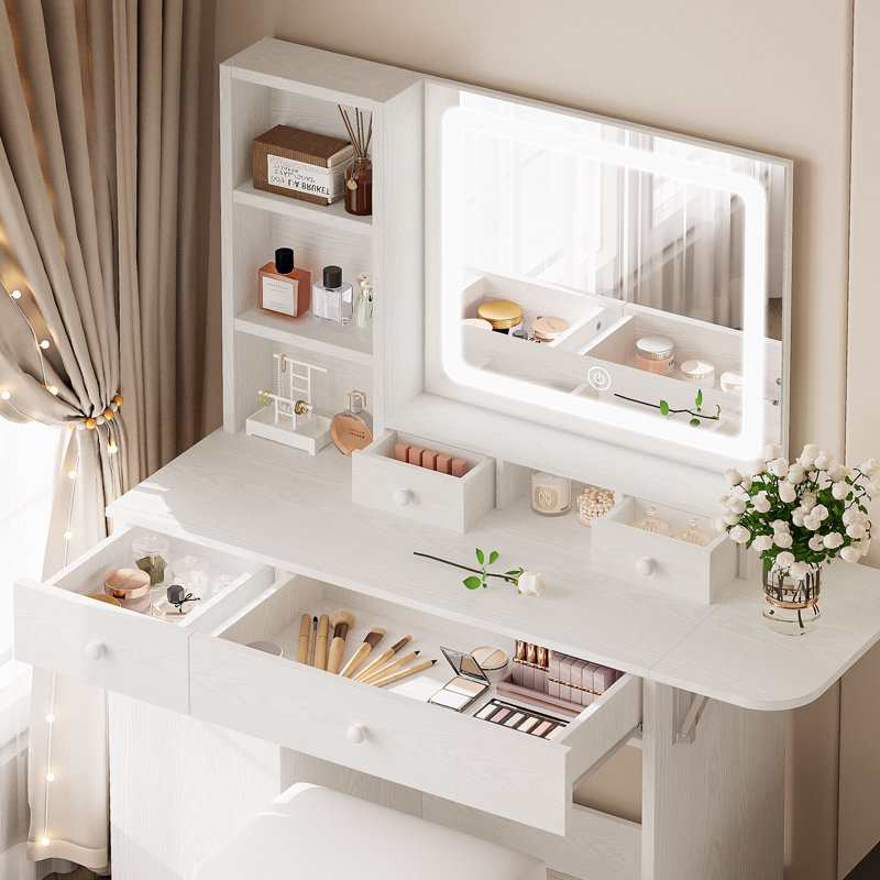 Jakaylen Vanity Makeup Desk with LED Light, White