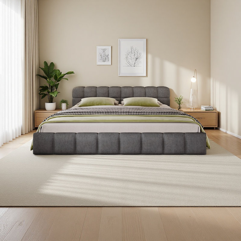 Elegant Chenille Upholstered Bed With Checkerboard Design,, King