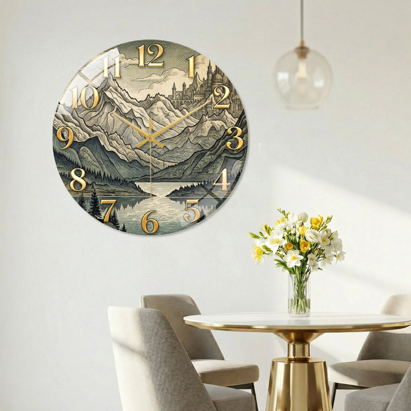 «Mountain Castle», horloge murale en verre, 40 x 40 cm (15,7 x 15,7 pouces)