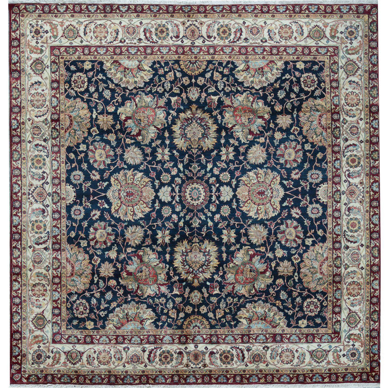 Tapis carré bleu et crème de haute qualité noué à la main