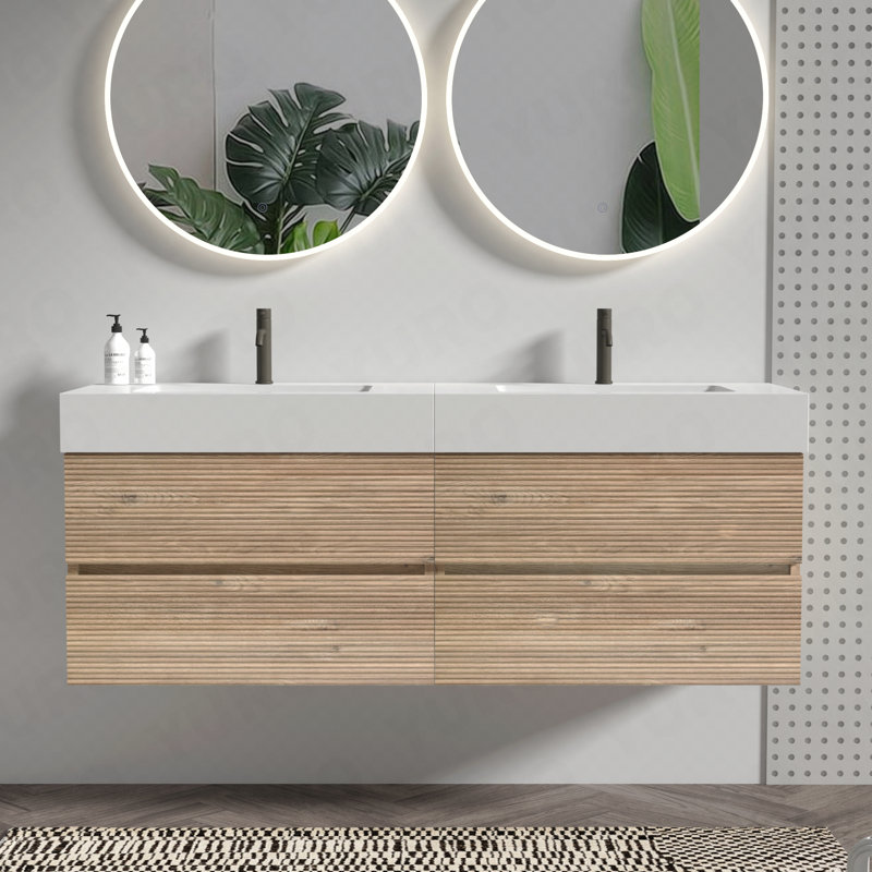Meuble-lavabo de 60 po (30 po * 2) avec lavabo en quartz blanc et tiroirs en chêne brut, meuble-lavabo mural flottant, lavabo une pièce sans drain ni robinet