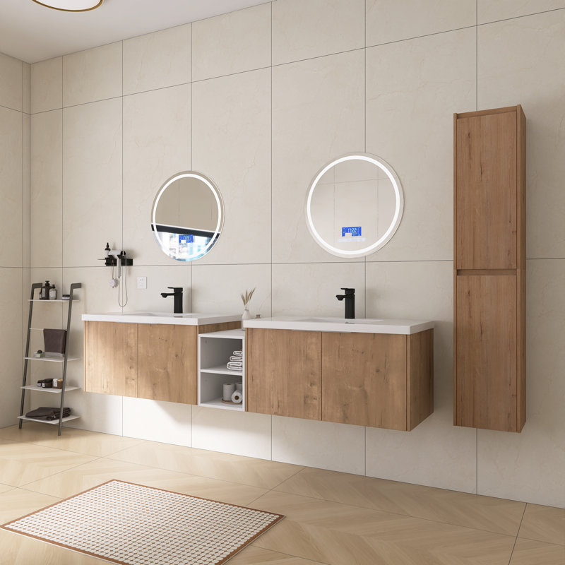 Ensemble de meuble-lavabo double 84 po avec lavabo en résine, petite tablette de rangement et armoires murales 84 po, 84"