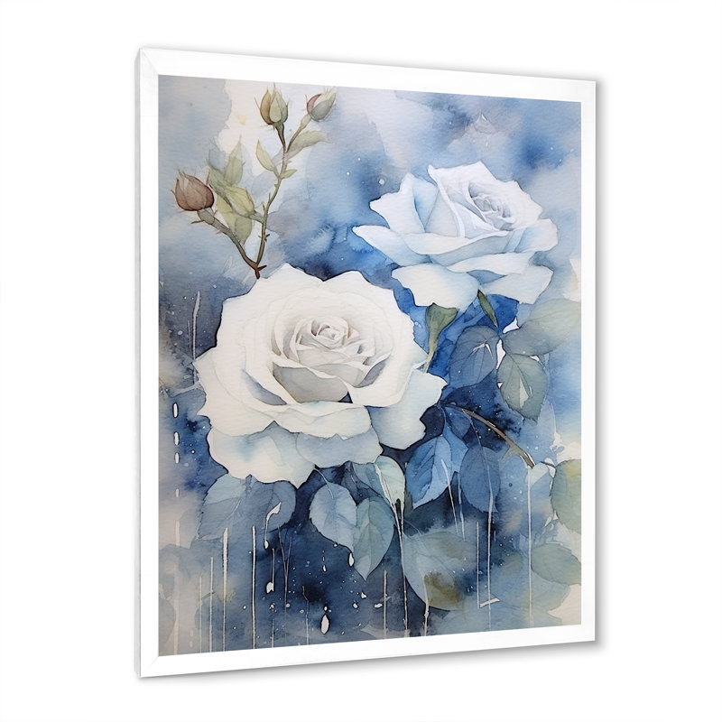 Art floral sur toile rose, impression de fleur bleu crème, Cadre photo blanc, H 32 po x l 24 po x P 1 po