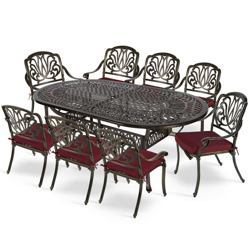 8 - Person Patio Dining Set with Oval Table , Cushions Included, Chili Red