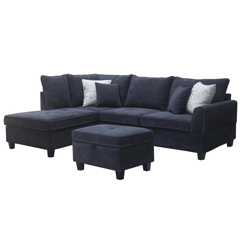 99.5"W Fabric Sectional Sofa With Left-Facing Chaise And Storage Ottoman, Black Fabric