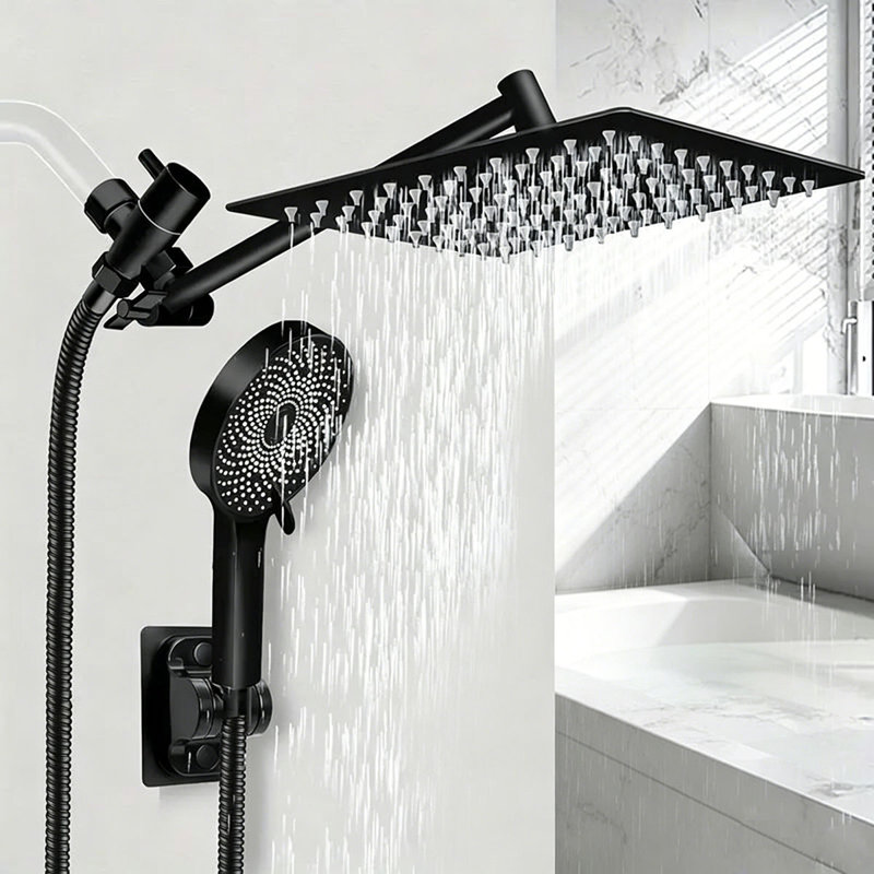 Pomme de douche noire haute pression 12 po avec bras d'extension réglable 11 po et 3 réglages à main