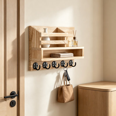 Key and Mail Holder Wall Mount, Key Hanger with Storage Shelf and 5 Hooks for Entryway, Coat, Dog Leash, Farmhouse Home Decor Organizer