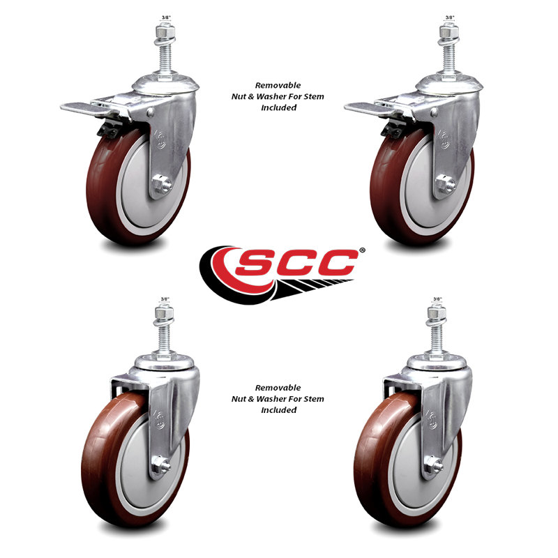 5 Inch SS Maroon Poly 3/8 Inch Threaded Stem Caster Set 2 Total Lock Brake SCC