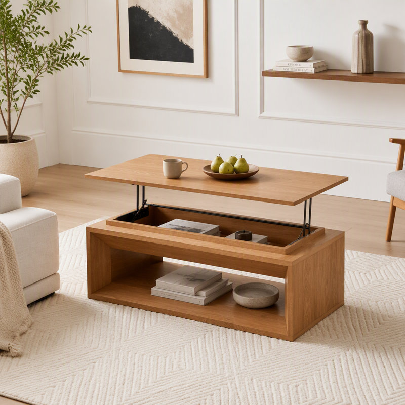 Table basse relevable avec rangement, Bois naturel