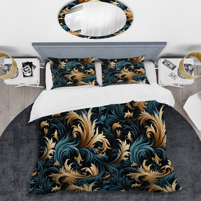 Ensemble de housse de couette damassé noire et dorée, Housse de couette simple + 1 taie décorative stan