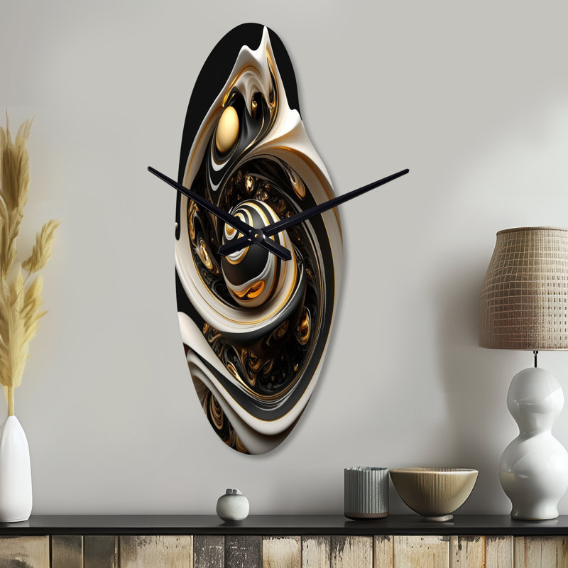 Horloge murale en or en forme de spirale abstraite asymétrique en métal avec vitrail liquide blanc de mozee, Moyenne