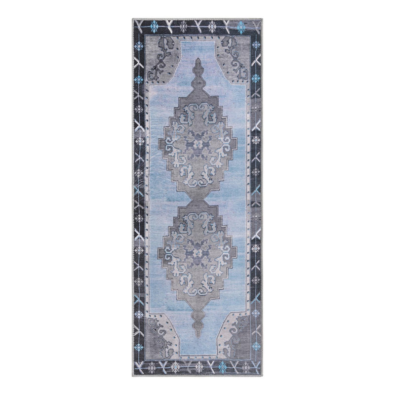 Tapis traditionnel de couleur gris-bleu, Tapis de couloir 2 pi x 5 pi 3 po