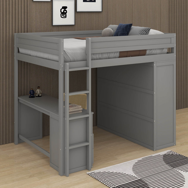 Lit mezzanine double avec placards et bureau, Gris