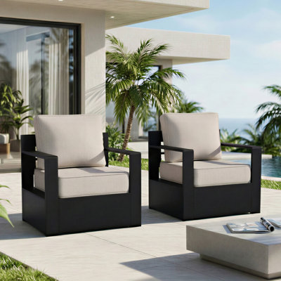 Oneita Modern Outdoor Aluminum 2-piece Armchair Set with Durable All-weather Thick Beige Cushions