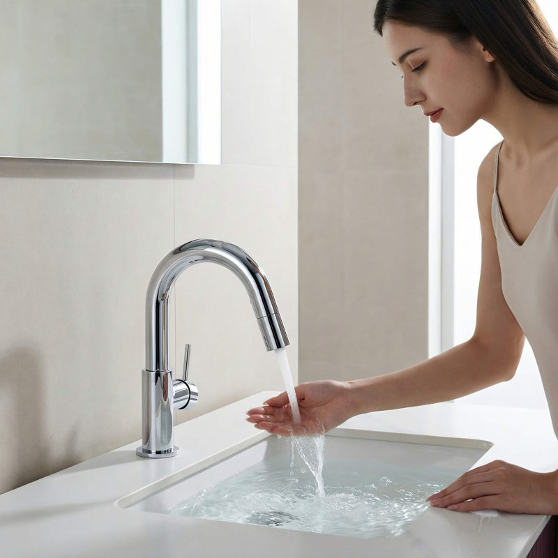 Circular Single Handle High-Arc Pull Down Sprayer Bathroom Vanity Sink Faucet, Chrome