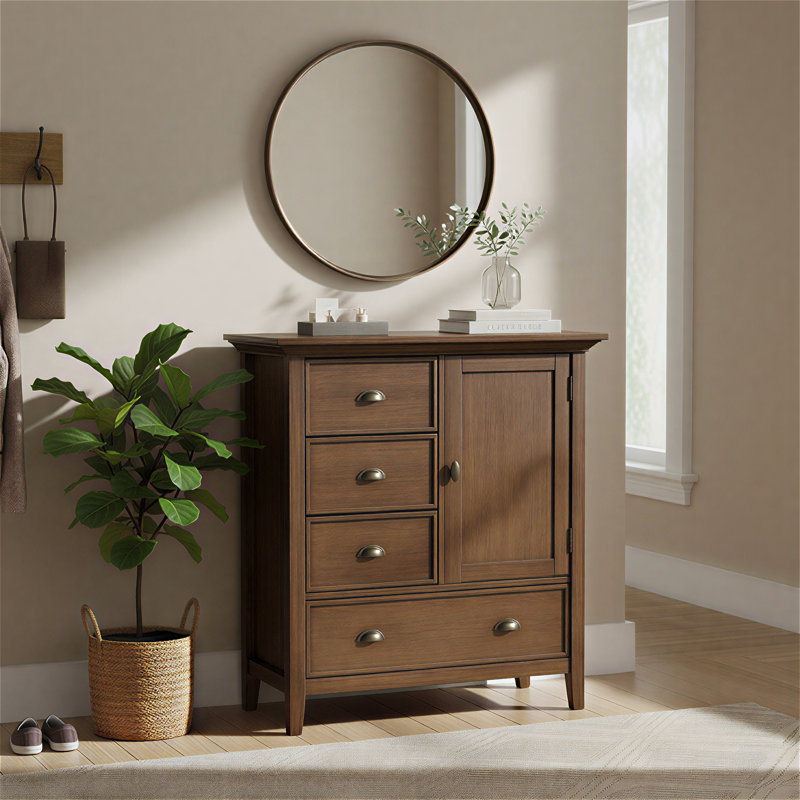 Armoire de rangement moyenne en bois massif de 39 po avec 4 tiroirs, tablette réglable et quincaillerie en laiton antique Redmond