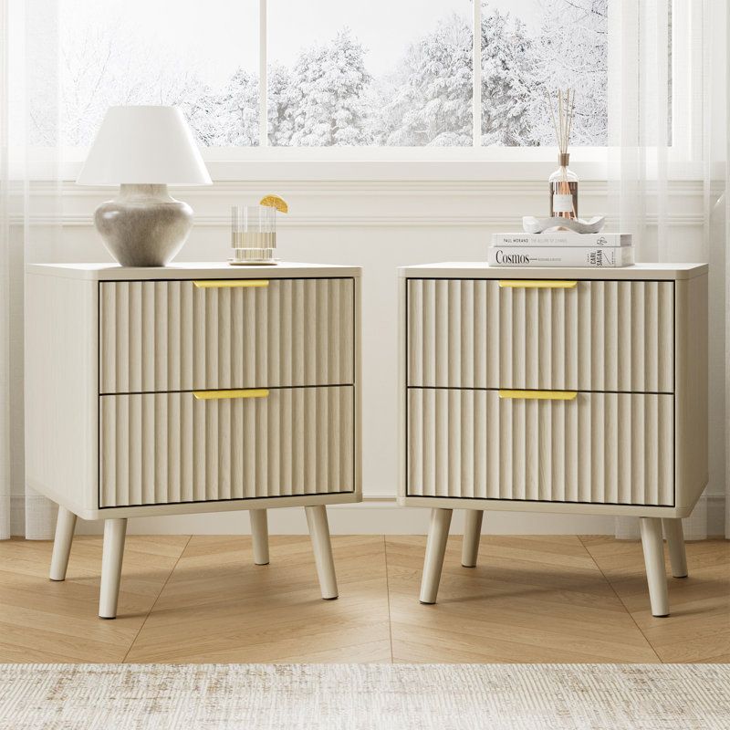 Fluted Nightstand With Curved Profile Design, 2-Drawer End Table, Bedside Table For Bedroom, Living Room, Cream
