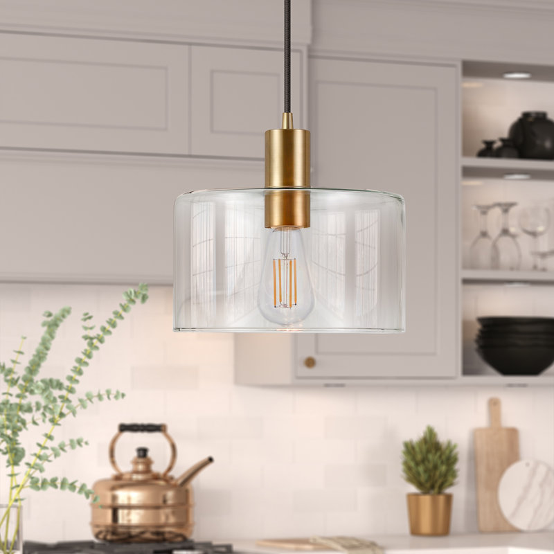 Luminaire suspendu cylindrique à 1 lumière Henri, Laiton, Transparent