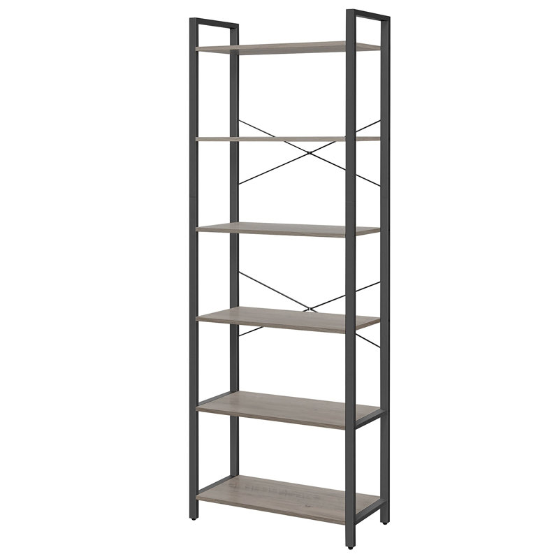 6 Tier Bookcase With Steel Frame, Greige/Black, 186cm H x 66cm W x 30cm D