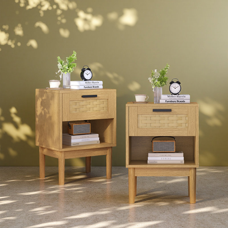 Set of 2 Rattan Bedside Tables with Drawer and Open Shelf, Effect Nightstands with Woven Front and Black Metal Handle, Boho Bedroom Side Tables