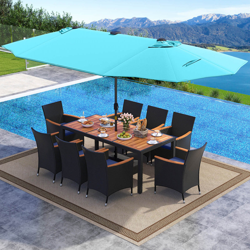 11 PCS Patio Dining Set w/ 15ft Double-Sided Patio Umbrella (Base Included) Turquoise, Turquoise, Navy