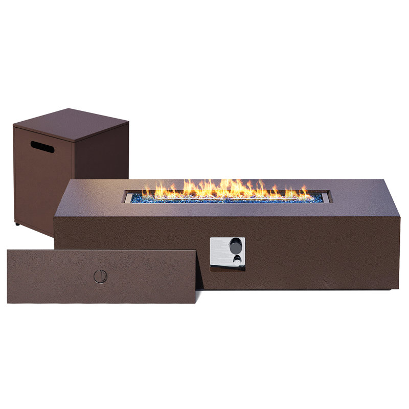 Tashieka 42-Inch Rectangular Iron Propane Outdoor Fire Pit Table with Tank Cover, Lid and Rain Cover, Brown