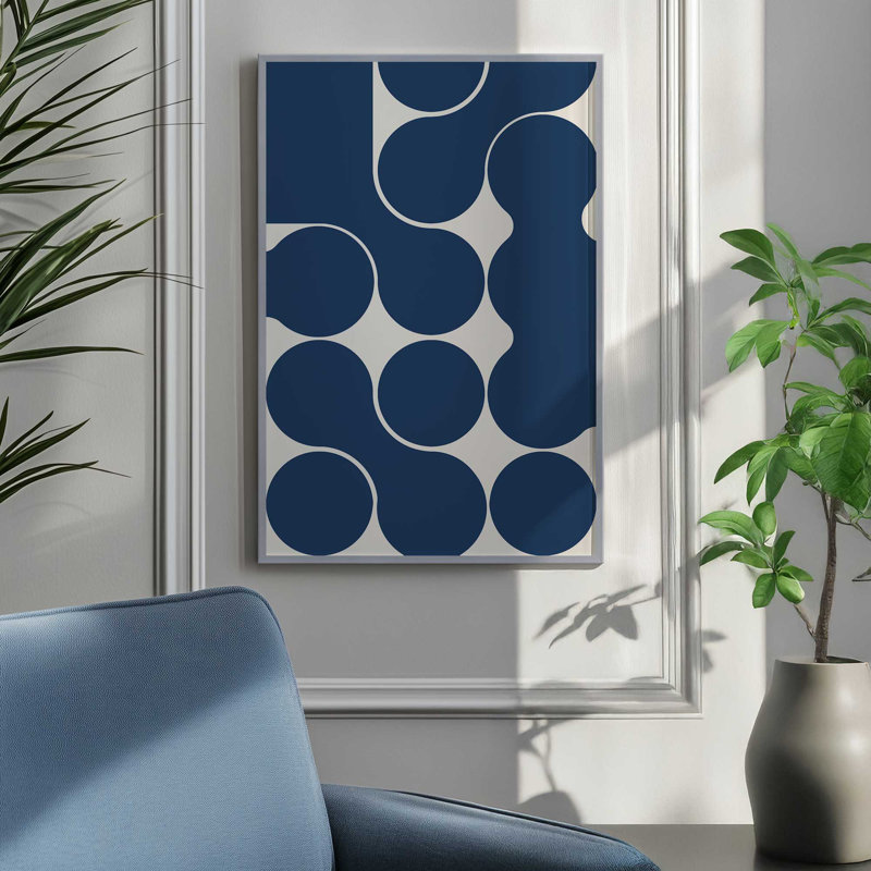 Imprimé géométrique sculptural bleu, H 17 po x l 13 po, Érable brut, Reproduction encadrée sans passe-partout