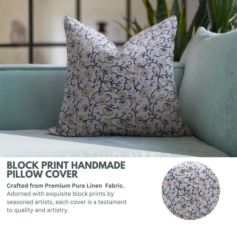 Block Print Throw Pillow Cover, 8 Thick Linen Decorative Cushion Cover, 14" x 14"