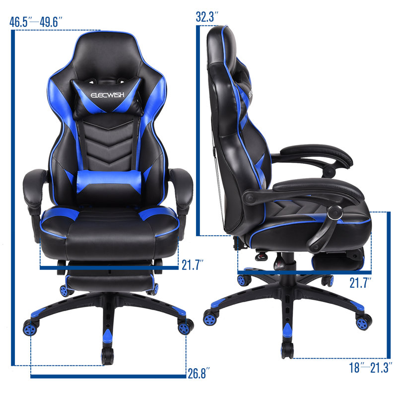 RAYS Reclining Ergonomic Faux Leather Swiveling PC & Racing Game Chair with Footrest, Blue